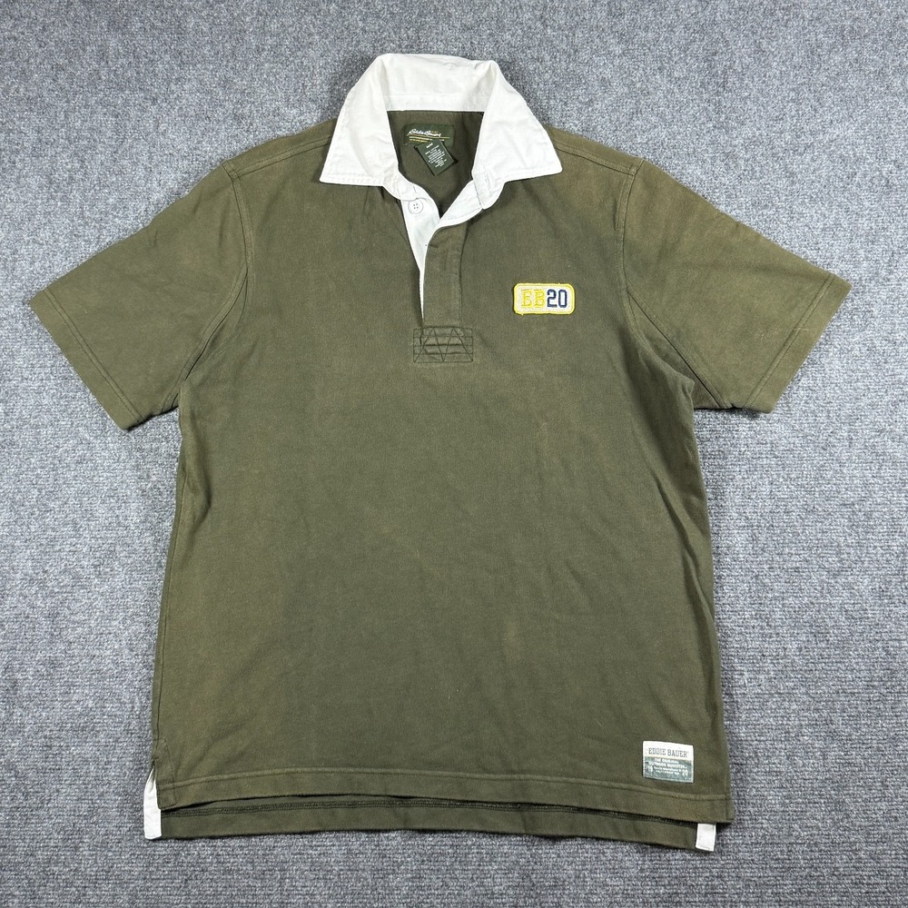 Eddie Bauer Short Sleeve Rugby Shirt EB 20 Crest Patch Olive Green Y2K Medium